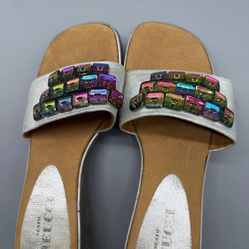 Y2K Sesto Meucci‎ Mens Silver Metallic Rainbow Gemstone Wedge Slide Sandals 6.5M